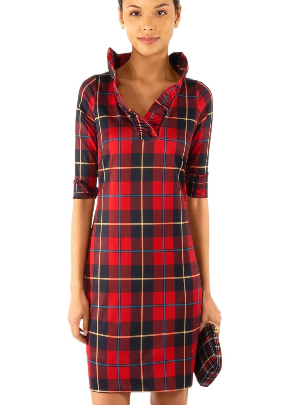 Gretchen Scott Ruffneck Ruffle Neck Dress Plaidly Cooper Red Plaid